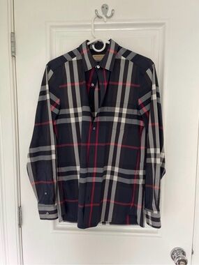 Men's Burberry shirt Black Plaid Button-Up Shirt with Red and Gray Stripe